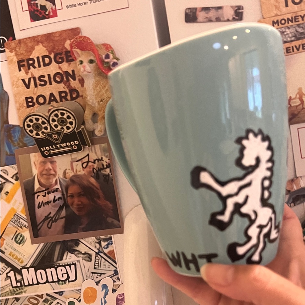 # 0851+ Blue Mug with White Horse Thunder ( WHT) Handmade Painting. 16oz - Picture 5 of 6